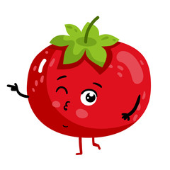 Cute vegetable tomato cartoon character isolated on white background vector illustration. Funny positive and friendly tomato emoticon face icon. Happy smile cartoon face, comical vegetable mascot