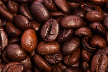 Closeup of roasted coffee  - ingredient of hot beverage. for food background and texture
