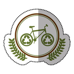 middle shadow sticker colorful with olive crown with bike with recycling symbol in circle vector illustration