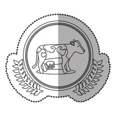 middle shadow sticker monochrome with olive crown with cow in circle vector illustration