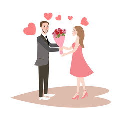 man give bouquet of flowers to girl fall in love couple