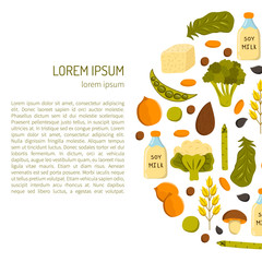 Vector illustration with cartoon source vegan protein background: broccoli, chia seeds, oats seeds, chickpeas, avocado, tofu, soy milk, spinach. Vector cartoon healthy diet icons. Healthy food concept