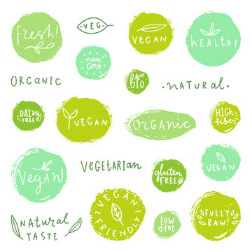 Set of food badges. Vegan natural organic gluten free. Vector hand drawn labels. 