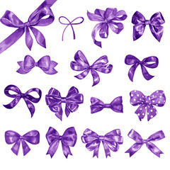Watercolor pink satin bows big set on white background