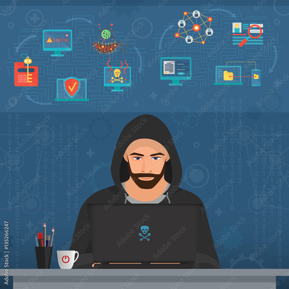 Poster Hacker man hacking secret data on the laptop. Icon set. Modern transperance flat vector illustration.