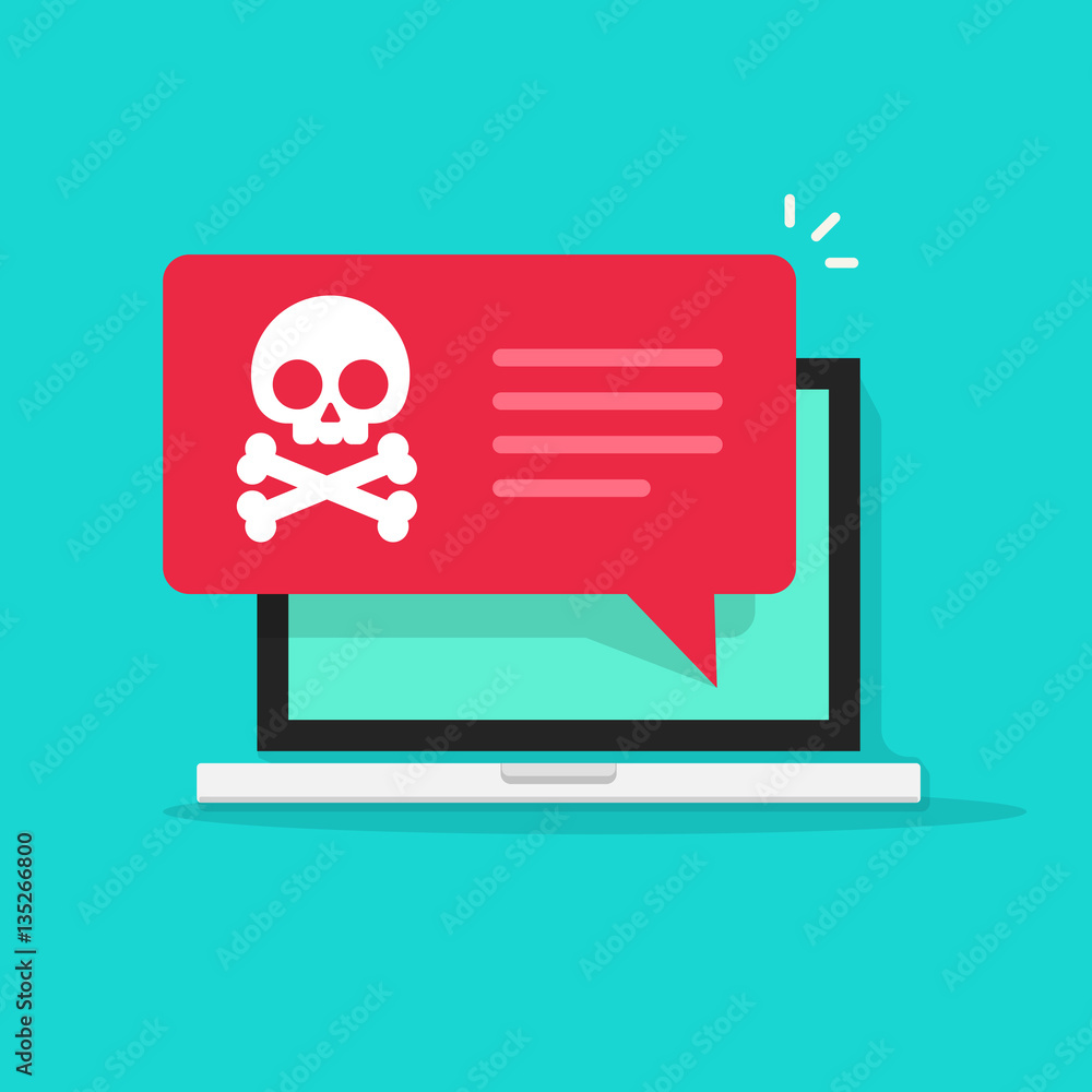 Poster malware notification on laptop vector illustration, flat style computer with skull bones bubble spee