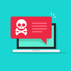 Malware notification on laptop vector illustration, flat style computer with skull bones bubble speech red alert, concept of spam data, fraud internet error, insecure connection, online scam, virus - obrazy, fototapety, plakaty