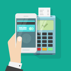 Wireless payment with mobile phone and terminal vector illustration, flat style smartphone in hand with credit card on display and fingerprint processed successful pay on nfc, contactless buy tech