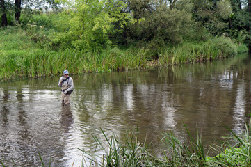 Fototapeta na wymiar Fisherman catches tenkara on a beautiful forest creek.