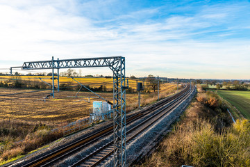 Day view of UK Railroad in England. Railway landscape