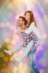 Composite image of man giving piggyback ride to woman