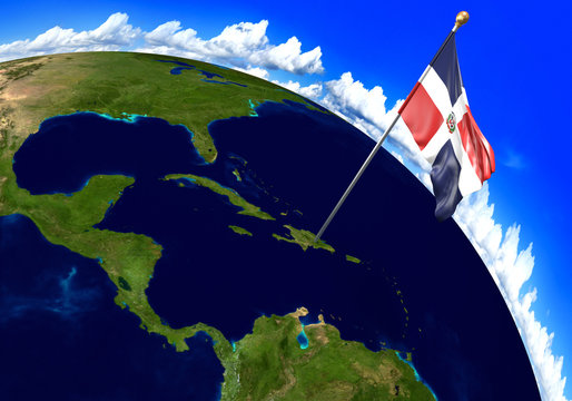 Dominican Republic national flag marking the country location on world map. 3D rendering, parts of this image furnished by NASA