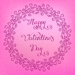 vector round hand drawing frame branch with hearts, lettering happy valentine day, whorl pattern on background