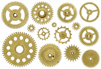 Clock mechanism, a set of pinion on white background
