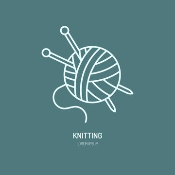 Knitting Shop Line Logo. Yarn Store Flat Sign, Illustration Of Wool Skeins With Knitting Needles.