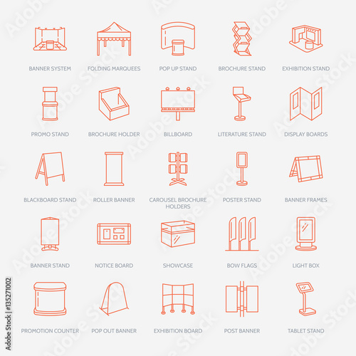 Advertising Exhibition Banner Stands Display Line Icons Brochure