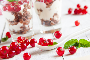 Dessert with fresh red currant and mint