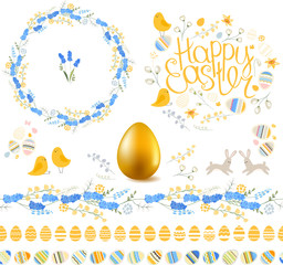 Spring set. Phrase Happy Easter. Painted eggs, spring flowers, chickens and rabbits. Objects for your design, festive greeting cards,  announcements, posters.