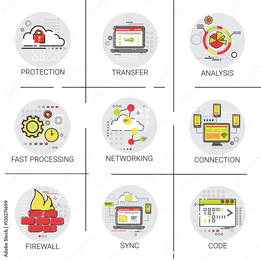 Poster sync synchronize internet cloud network technology data protection icon set vector illustration