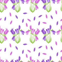 Hand-drawn seamless flower pattern with campanula. Floral vintage background for textile, cover, wallpaper, gift packaging, printing, scrapbooking.