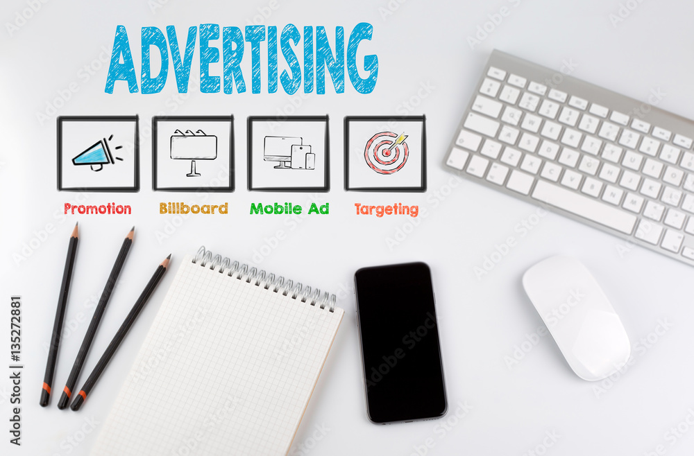 Canvas Prints advertising concept. computer keyboard and mobile phone on a white table