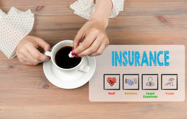 Insurance. Coffee cup top view on wooden table background.
