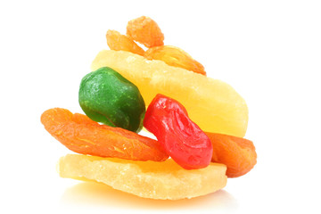 Various dried fruit isolated on a white background.