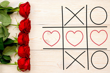 valentine's card, tic tac toe with hearts and xo