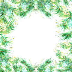 Fototapeta na wymiar Watercolor Vintage background, greeting, card, invitation with a picture spruce branches, spruce, pine, fir, and pine needles.