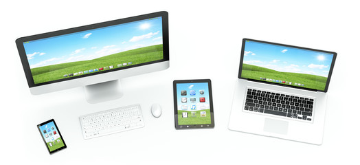 Modern computer laptop mobile phone and tablet 3D rendering