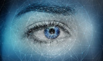 Close-up of woman digital eye network concept 3D rendering