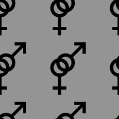 Seamless pattern of female and male romantic collection. Female and male black signs. Pattern on gray background. Vector illustration