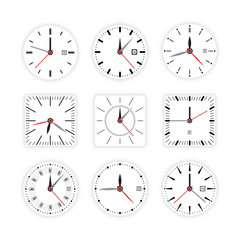 Set vector image of minimalistic clock dial white with black ticks time, different shapes of round and square, isolated on background. The timer is divided into 60 parts