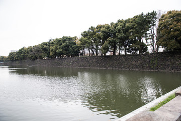 On the picture, a garden with lush green trees and a fresh wtaer lake is seen. We can also see the rock walls that surrounds the garden along with the bright sky on the background.
