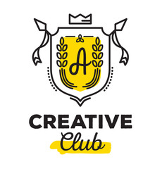 Vector linear heraldry coat of arms with yellow color. Vintage r