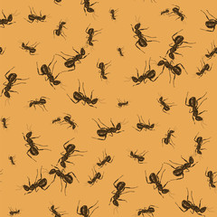Ant Seamless Pattern on Orange Background. Insect Texture