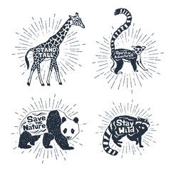 Hand drawn textured vintage badges set with giraffe, lemur, panda, and raccoon vector illustrations, and inspirational lettering. © SlothAstronaut