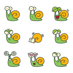 Set of funny snails isolated on white background. Doodle vector illustration.