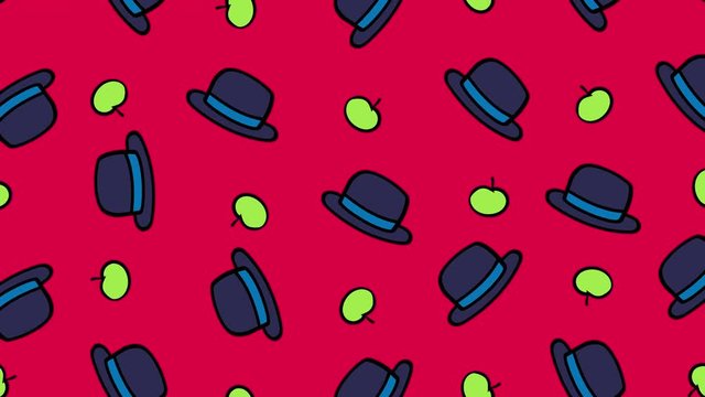 Cartoon dark bowler hats and green apples isolated on red background. Dedicated to Rene Magritte. Looped animation.