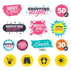 Beach holidays icons. Cocktail, human footprints.