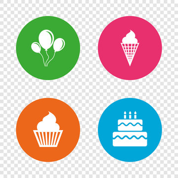 Birthday party icons. Cake with ice cream symbol.