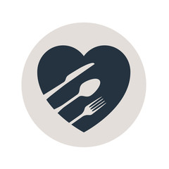 Icono plano cubiertos con corazon en circulo gris