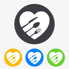 Icono plano cubiertos con corazon en circulo varios colores
