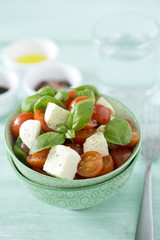 caprese salad on turquoise background