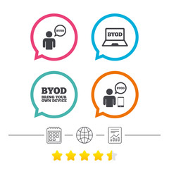 BYOD signs. Human with notebook and smartphone.