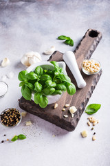 Ingredients for making green pesto sauce. Basil in white mortar on wooden cutting board. Healthy italian food. Copy space.