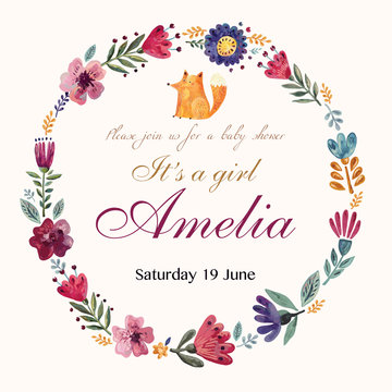 Template for invitation card with floral wreath and lettering