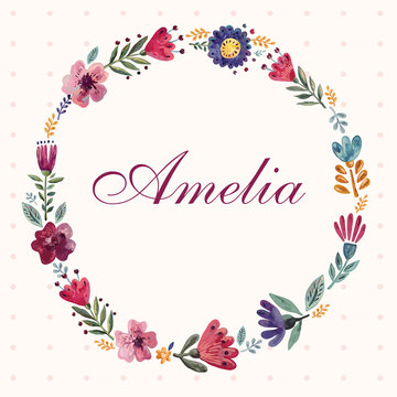 Template for invitation card with floral wreath and lettering