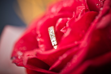 gold engagement ring in beautiful flower