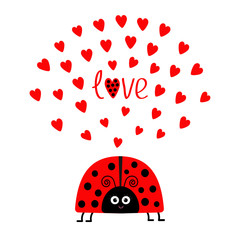 Red lady bug insect with hearts. Cute cartoon smiling face character. Word Love Greeting card. Happy Valentines Day. White background. Flat design.